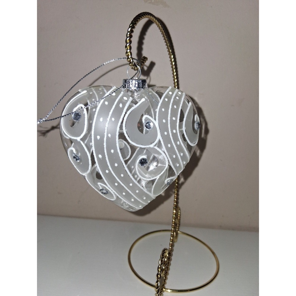 Lenox Clear Glass Heart Christmas Ornament White Swirl Rhinestones 4"